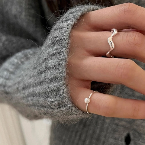 Anello In Argento Sterling S925 Con Perla de Agua Dulce D'acqua Dolce Minimalista Regolabile Design A Onda Gioielli Da Donna Elegante