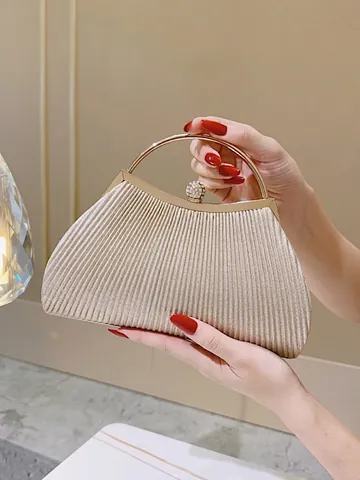 Elegant Pleated Glitter Evening Clutch Bag With Metal Circular Handle Rhinestone Ball Lock For Wedding Party Banquet