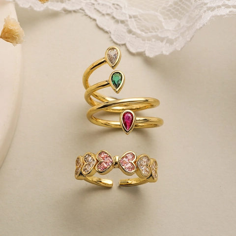 Herz Birnenform Zirkonia Offener Ring 18K Vergoldetes Kupfer Mehrlagiger Geometrischer Verstellbarer Schmuck Für Damen