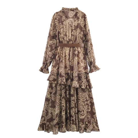 Vestito Maxi In Chiffon Con Stampa Paisley Scollo A V Maniche Lunghe E Cintura Stile Bohémien Con Volant Per Donna