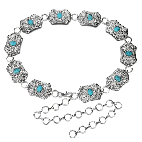 Catena a Vita Bohemien Vintage in Metallo con Turchese per Donna Cintura a Maglie Intagliata Regolabile Oro Argento Turchese