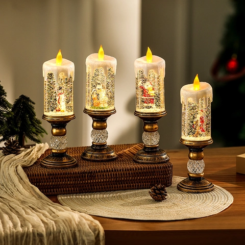 Christmas Decorative Water-Filled LED Candle Lamp With Santa Snowman Scene Floating Glitter Drifting Snow Vintage Gold Base Battery USB Powered Festive Gift Home Decoration
