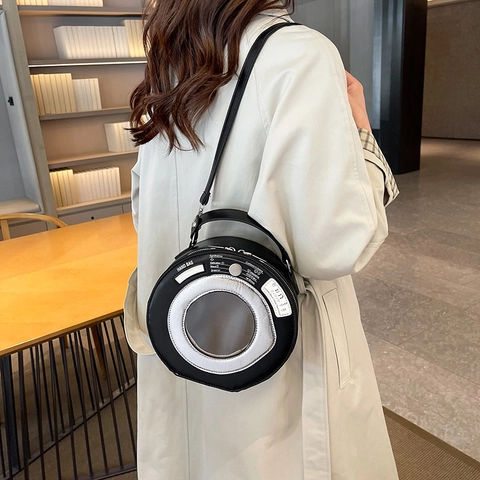 Creative Washing Machine Shape Round Crossbody Bag PU Leather Novelty Handbag Transparent Window Unique Fashion Women