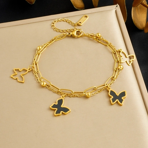 Butterfly Pendant Layered Bracelet Stainless Steel Gold Plated Hollow Enamel Charm Jewelry For Women
