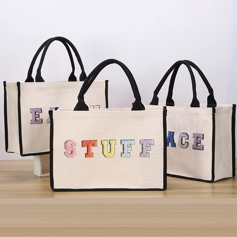Canvas Tote Handbag Contrast Trim Embroidered Colorful Letter Design Minimalist Chic Shoulder Bag For Women Daily Use