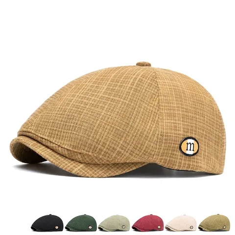 Casquette Plate Vintage À Carreaux En Coton Motif Grille Bérêt Réglable Chapeau Newsboy Avec Badge Lettre M Pour Hommes Femmes Style Britannique