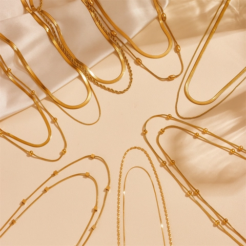 Minimalist Layered Necklace Stainless Steel 18K Gold Plated Snake Chain With Geometric Beads For Women Elegant Jewelry