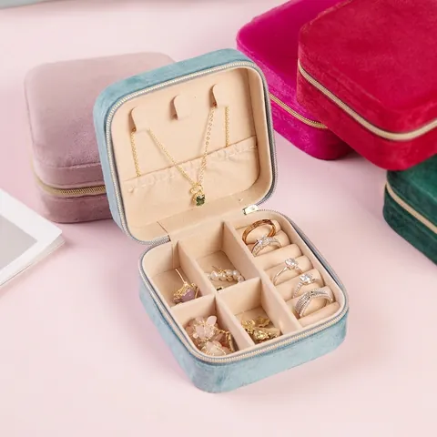 Portable Velvet Jewelry Box Square Travel Organizer With Zipper For Rings Earrings Necklaces Storage Case