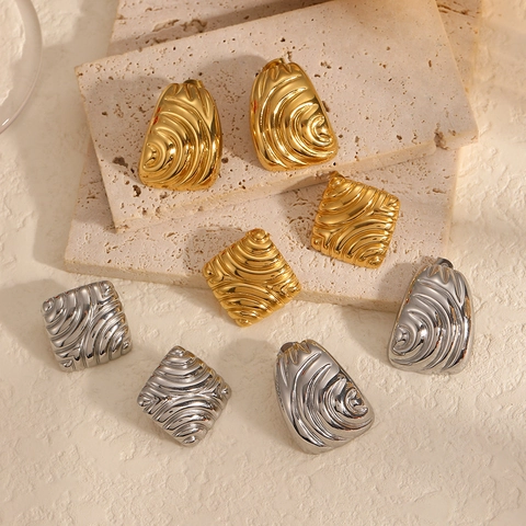 Boucles D'oreilles Géométriques À Texture Ondulée Acier Inoxydable Plaqué Or 18K Style Vague Deau Bijoux Pour Femmes