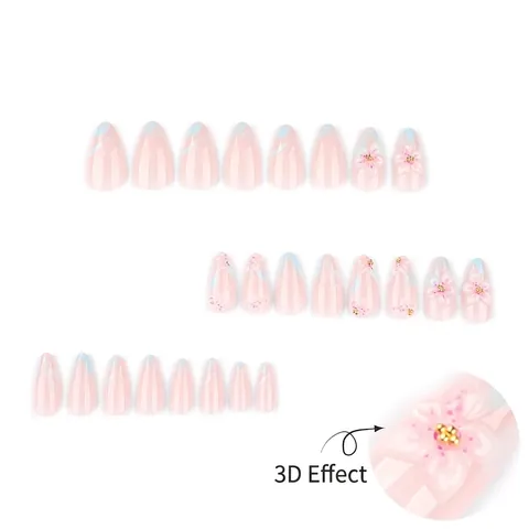 Short Press On Nails Almond Shape 3D Embossed Flowers Blue Marble Smoke Effect Nude Pink Artificial False Nails For Women