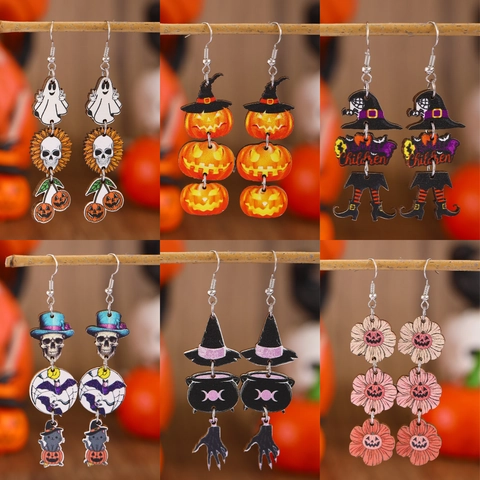 Ξύλινα Σκουλαρίκια Halloween Κολοκύθα Σκελετός Φάντασμα Καπέλο Μάγισσας Τυπωμένα Ξύλινα Σκουλαρίκια για Γυναίκες Κοσμήματα Πάρτι