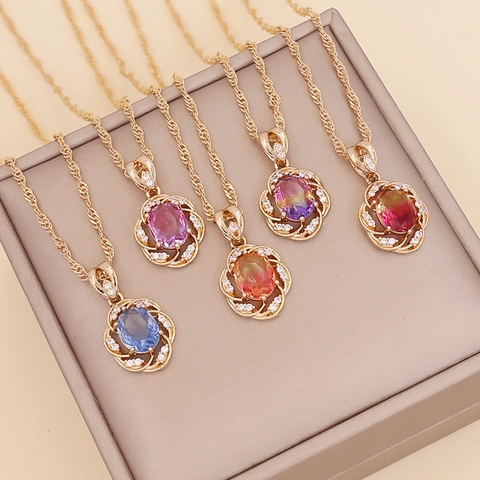 Sunflower Pendant Necklace For Women Colorful Glass Gemstone Rhinestone Copper Alloy Jewelry Simple Clavicle Chain