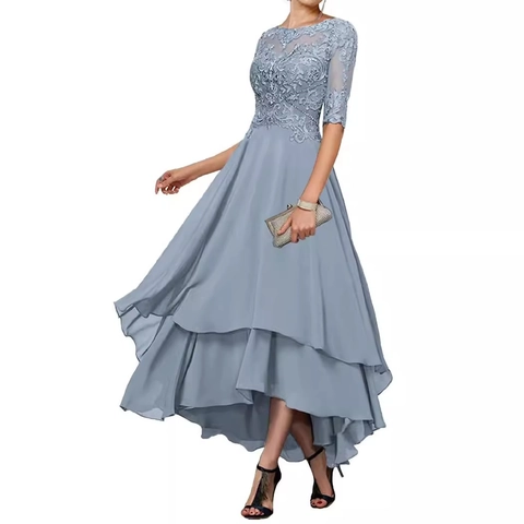 Women's Evening Gown Lace Embroidery High-Low Multi Layer Chiffon Dress Mid Sleeves Party Formal Social Banquet