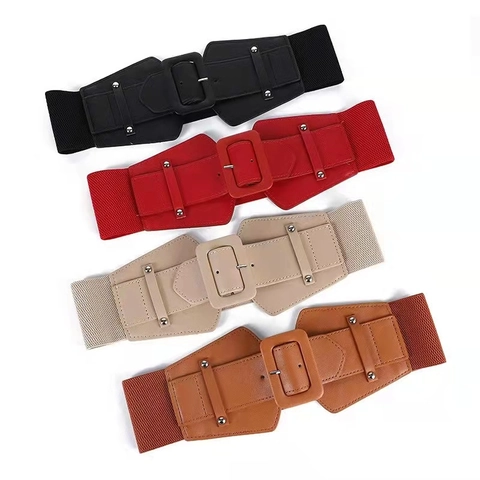 Women Wide Elastic Corset Belt Artificial Leather Stretchy Waistband Square Buckle Rivets Slimming Vintage Waist Cincher Belt