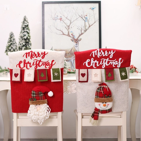 3D Christmas Chair Back Covers Non-woven Fabric Santa Snowman Reindeer Pattern For Dining Room Holiday Home Decor Seat Protective Cover