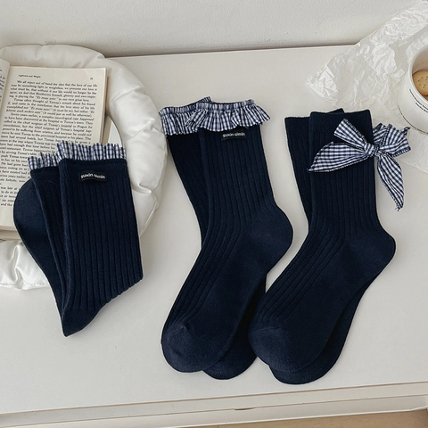 Japanse Preppy Stijl Halverwege De Kuit Sokken Gekamde Katoen Geruite Ruches Strik Ribgebreid Ademend Dames