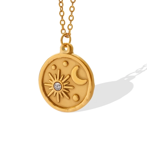 Collana Con Ciondolo Moneta Celeste Sole Luna Stella Acciaio Al Titanio Zircone Placcato Oro Gioielli Minimalisti Per Donna