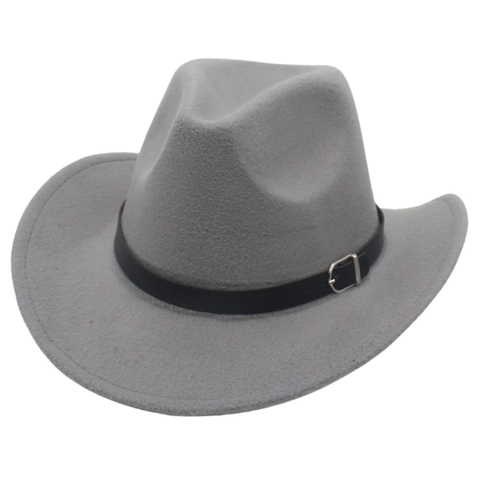 Western Cowboy Fedora Hat Felt Wide Brim With Decorative Belt Buckle Retro Jazz Style Outdoor Fashion Accessories