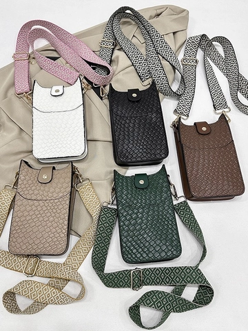 Women Fashion Woven Texture Mobile Phone Crossbody Bag With Wide Geometric Strap PU Leather Small Square Shoulder Bag