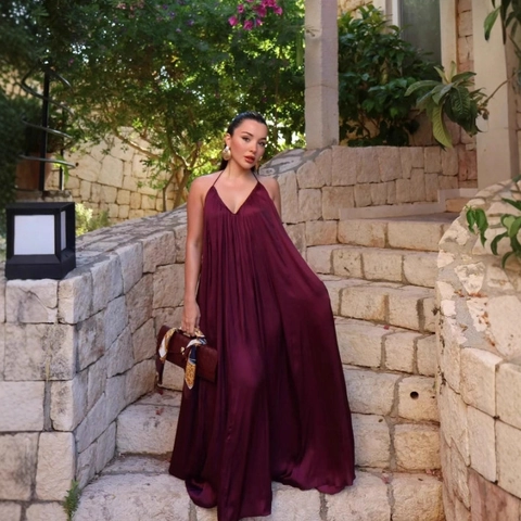 Elegant Maxi Dress Satin Polyester Deep V-Neck Backless Cross Straps Accordion Pleats Solid Color Women Casual