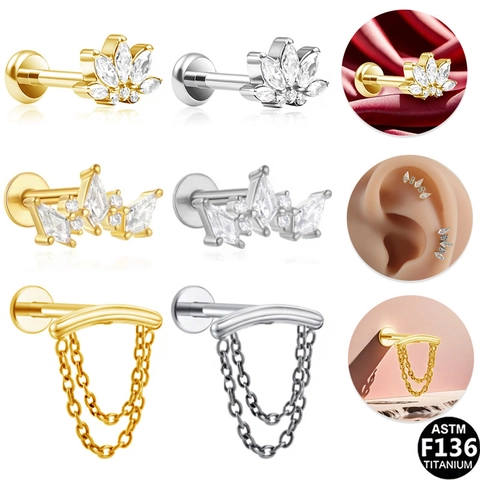 Internally Threaded Lip Stud Copper Stainless Steel Rhinestone Crown Bat Double Chain Ear Cartilage Piercing Jewelry