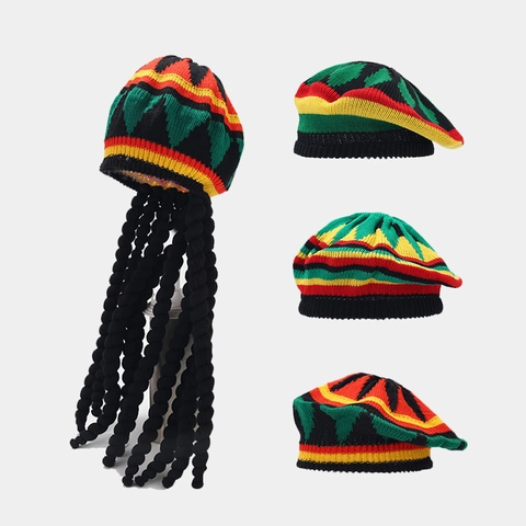 Berretto Rasta Reggae Giamaicano Con Parrucca Dreadlocks Trecce Rosso Giallo Verde Nero Maglia Costume Basco Per Festa Di Halloween