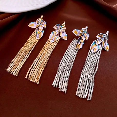 Retro Blatt Quasten Ohrhänger Emaille Bunter Strass Kupfer Mit 925 Sterling Silber Ohrstecker Elegant Für Damen