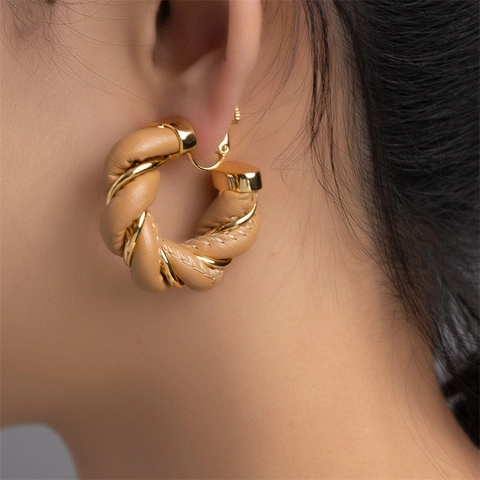 Woven Leather Wrapped C-Shape Hoop Earrings Vintage Metallic Twisted Brass Studs For Women