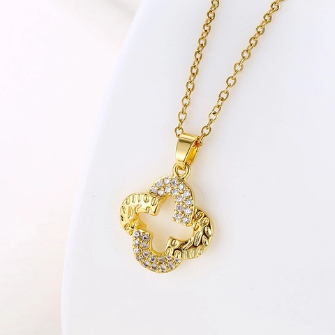 Collar Con Colgante De Trébol De Cuatro Hojas Chapado En Oro Acero Inoxidable Circón Joyas Elegantes Para Mujer