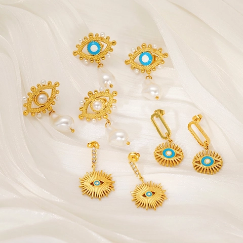 Böses Auge Ohrringe 18K Vergoldeter Edelstahl Mit Künstliche Barockperle Emaille Strass Vintage Tropfen Ohrhänger Damen