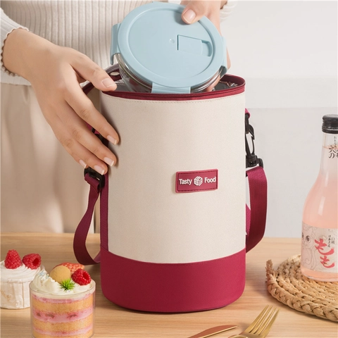 Borsa Pranzo Isolata Cilindrica Tessuto Oxford Foglio Alluminio Borsa Termica Con Tracolla Regolabile Per Ufficio Scuola Picnic