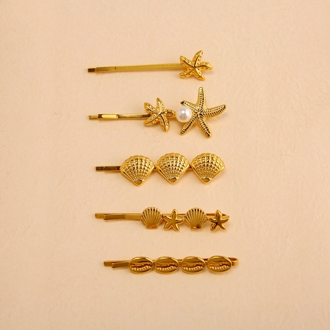 Pinzas Para El Cabello Elegantes Estrella De Mar Y Concha Acero Inoxidable Chapado En Oro Con Perla Artificial Marina Para Mujer