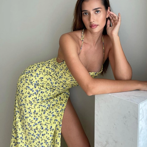 Sexy Midi-Jurk Met Bloemenprint Open Rug Halshals Mouwloos Zijsplit Polyester Spandex Zomervakantie A-Lijn Voor Dames