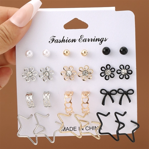 Fashion Earring Collection For Women Alloy Imitation Artificial Pearl Rhinestone Stud Hoop Geometric Floral Heart Star Jewelry Accessory