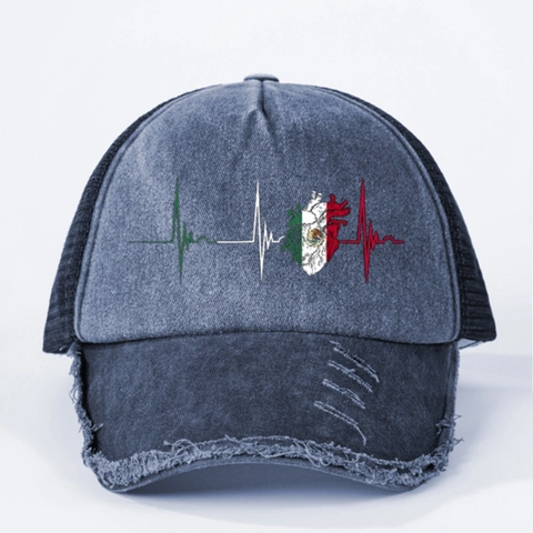 Vintage Distressed Trucker Hut Mexiko Flagge Herzschlag Mesh Baseballkappe Verstellbare Retro Ausgefranste Krempe