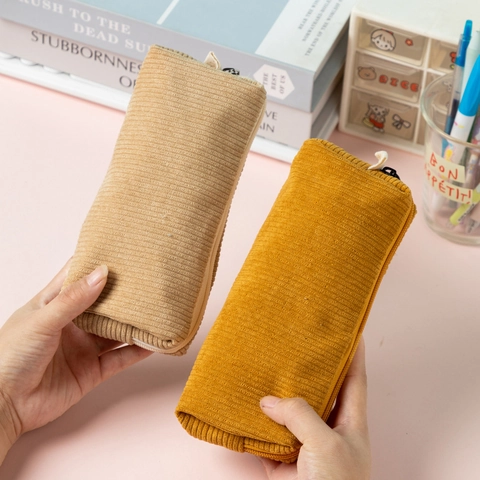 Retro Corduroy Pencil Case Solid Color Large Capacity Stationery Bag For School Office Minimalist Students Organizer