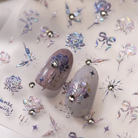 3D Holographic Laser Rose Butterfly Bow Nail Art Stickers Rhinestone Glitter French Sweet Cool Manicure Decals For Women