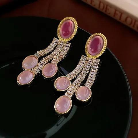 Vintage Oval Zircon Tassel Drop Earrings For Women With 925 Sterling Silver Earring Post Copper Resin Retro Jewelry