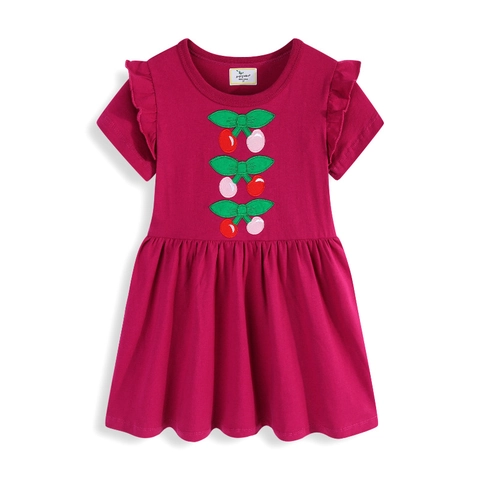 Vestito In Cotone Per Bambine Ricamo Ciliegia Manica Corta Con Volant Estate Casual Gonna Da Principessa