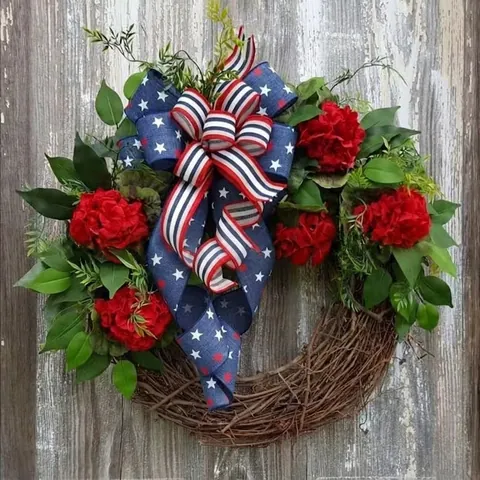 Independence Day Patriotic Wreath Red White Blue Artificial Flowers Rattan Vine Base Stars And Stripes Bow Home Decor