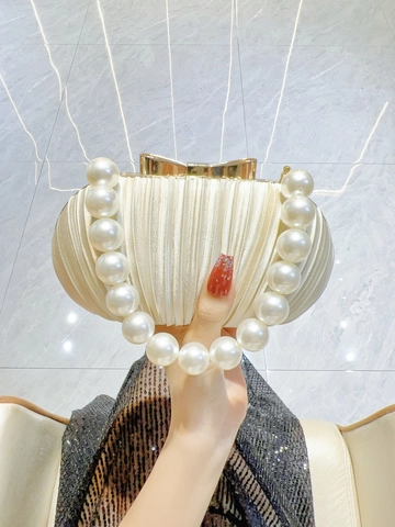 Elegant Pleated Satin Evening Clutch Bag With Large Artificial Pearl Handle And Metal Bow Clasp For Banquet Party Wedding