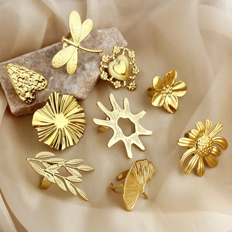 Gold Plated Stainless Steel Adjustable Rings Nature Ginkgo Leaf Dragonfly Heart Flower Minimalist Jewelry For Women