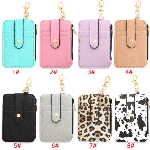 PU Leather Card Holder Wallet With Zipper Pocket And Keychain Hook Lychee Pattern ID Credit Card Case For Women Men