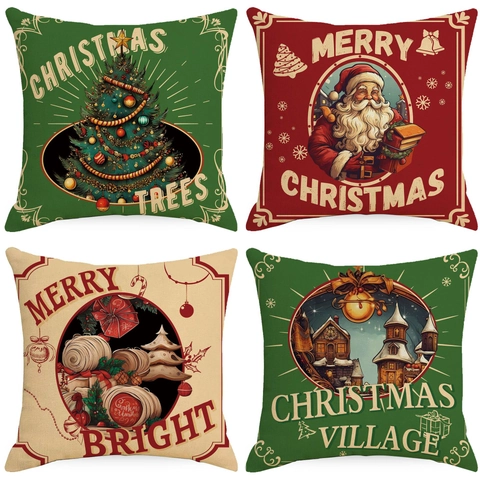 Funda De Cojín De Navidad Lino Funda De Almohada Decorativa Ilustración Vintage Para Sofá Sala Decoración De Fiesta