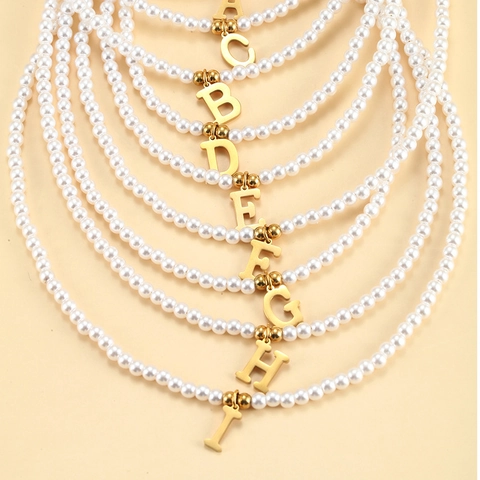 Initial Letter Pendant Necklace Imitation Artificial Pearl Stainless Steel Elegant Choker For Women