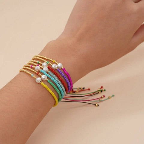 Bracciale Di Perline Fatto A Mano Boho Perline Di Vetro Imitazione Perla Artificial Corda Intrecciata Regolabile Gioielli Estate Regalo