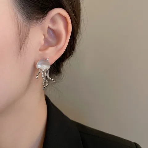 Jellyfish Stud Earrings Copper Resin With Silver Earring Post Frosted Translucent Creative Ocean Style Women