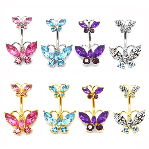 Shiny Double Butterfly Navel Ring Alloy Rhinestone Piercing Jewelry With 316L Stainless Steel Post For Women