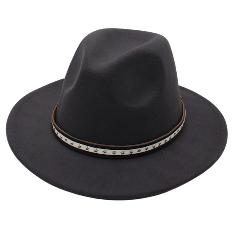 Unisex Wide Brim Fedora Hat Vintage Woolen Felt Jazz Cap With Star Studded Band Solid Color Classic Party Travel