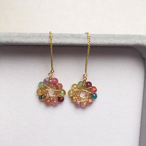 Orecchini a Goccia in Tormalina Naturale Color Caramella Girasole Oro Riempito 14K Avvolto in Filo Gioielli Fatti a Mano da Donna